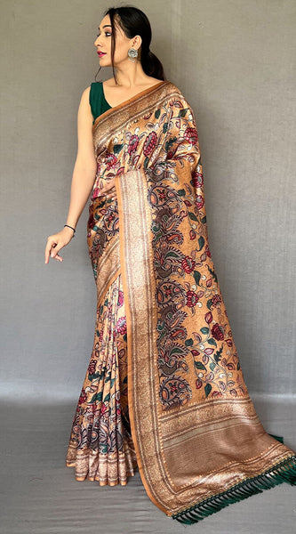 Inspiring Peach Kalamkari Printed Soft Silk Saree With Exceptional Blouse Piece