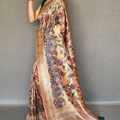 Inspiring Peach Kalamkari Printed Soft Silk Saree With Exceptional Blouse Piece
