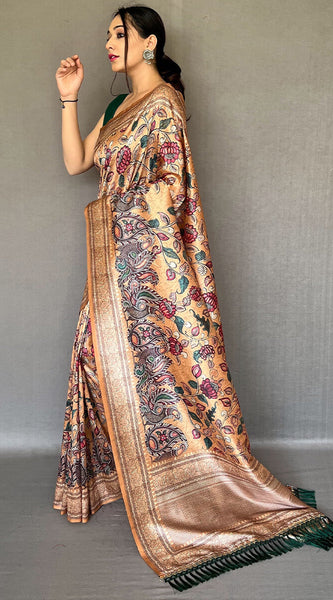 Inspiring Peach Kalamkari Printed Soft Silk Saree With Exceptional Blouse Piece