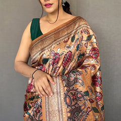 Inspiring Peach Kalamkari Printed Soft Silk Saree With Exceptional Blouse Piece