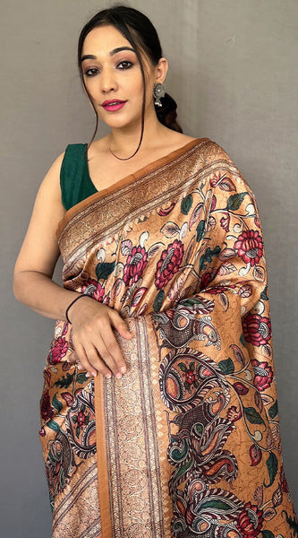 Inspiring Peach Kalamkari Printed Soft Silk Saree With Exceptional Blouse Piece