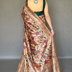 Inspiring Peach Kalamkari Printed Soft Silk Saree With Exceptional Blouse Piece