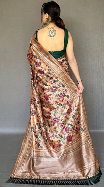 Inspiring Peach Kalamkari Printed Soft Silk Saree With Exceptional Blouse Piece