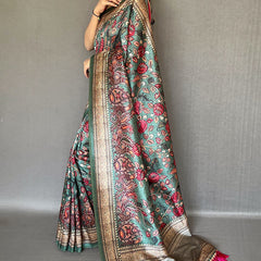 Ravishing Rama Kalamkari Printed Soft Silk Saree With Beautiful Blouse Piece