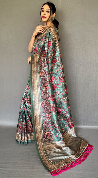 Ravishing Rama Kalamkari Printed Soft Silk Saree With Beautiful Blouse Piece