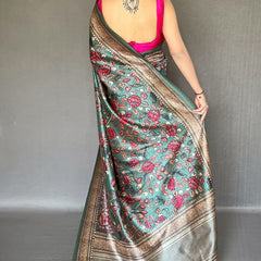 Ravishing Rama Kalamkari Printed Soft Silk Saree With Beautiful Blouse Piece