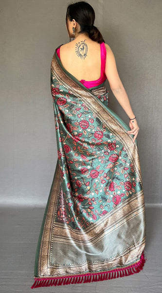 Ravishing Rama Kalamkari Printed Soft Silk Saree With Beautiful Blouse Piece
