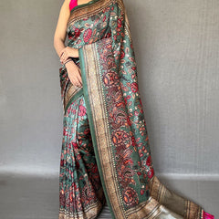 Ravishing Rama Kalamkari Printed Soft Silk Saree With Beautiful Blouse Piece