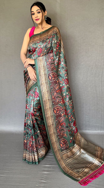 Ravishing Rama Kalamkari Printed Soft Silk Saree With Beautiful Blouse Piece