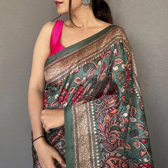 Ravishing Rama Kalamkari Printed Soft Silk Saree With Beautiful Blouse Piece