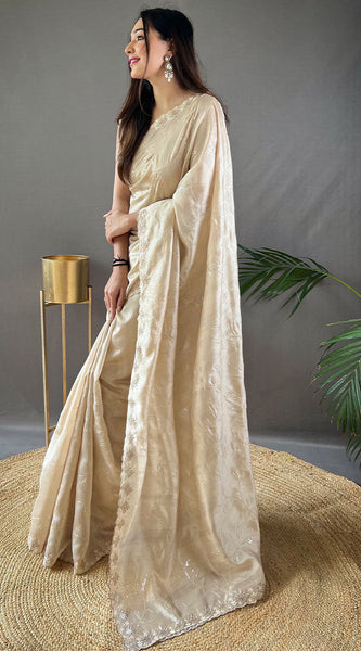 Pretty Beige Embroidery Work Soft Silk Saree With Phenomenal Blouse Piece