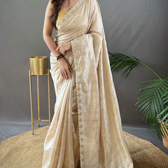 Pretty Beige Embroidery Work Soft Silk Saree With Phenomenal Blouse Piece