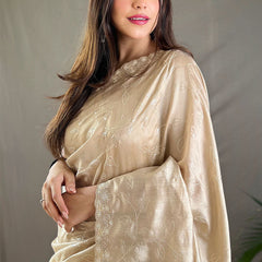 Pretty Beige Embroidery Work Soft Silk Saree With Phenomenal Blouse Piece