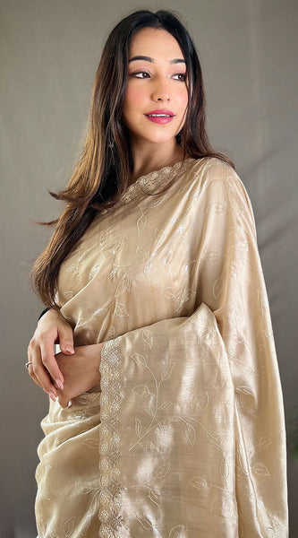 Pretty Beige Embroidery Work Soft Silk Saree With Phenomenal Blouse Piece