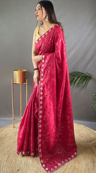Glorious Dark Pink Embroidery Work Soft Silk Saree With Stunner Blouse Piece