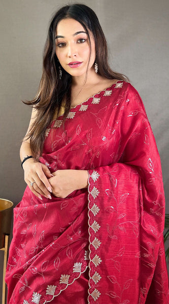 Glorious Dark Pink Embroidery Work Soft Silk Saree With Stunner Blouse Piece