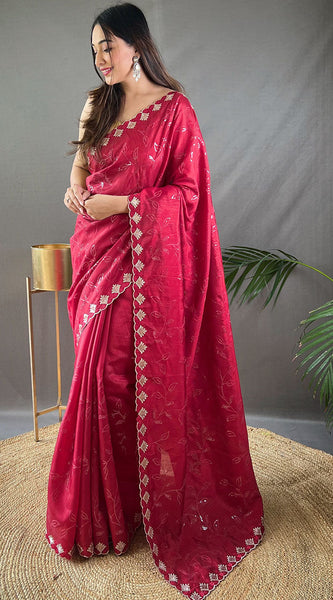 Glorious Dark Pink Embroidery Work Soft Silk Saree With Stunner Blouse Piece