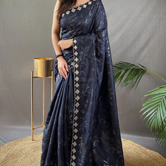 Breathtaking Navy Blue Embroidery Work Soft Silk Saree With Demanding Blouse Piece