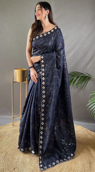Breathtaking Navy Blue Embroidery Work Soft Silk Saree With Demanding Blouse Piece