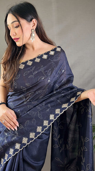 Breathtaking Navy Blue Embroidery Work Soft Silk Saree With Demanding Blouse Piece
