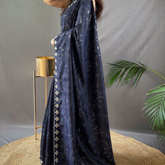 Breathtaking Navy Blue Embroidery Work Soft Silk Saree With Demanding Blouse Piece