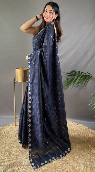 Breathtaking Navy Blue Embroidery Work Soft Silk Saree With Demanding Blouse Piece