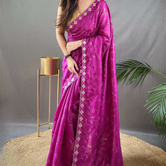 Sensational Purple Embroidery Work Soft Silk Saree With Elegant Blouse Piece