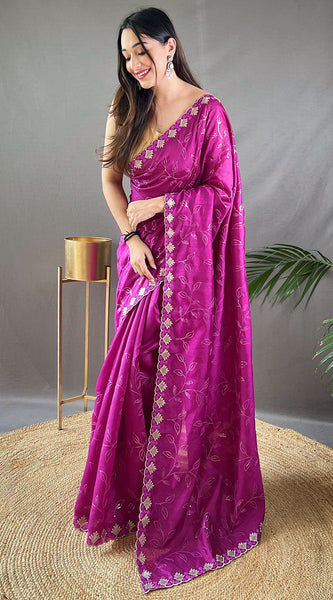 Sensational Purple Embroidery Work Soft Silk Saree With Elegant Blouse Piece