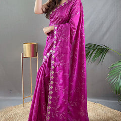 Sensational Purple Embroidery Work Soft Silk Saree With Elegant Blouse Piece