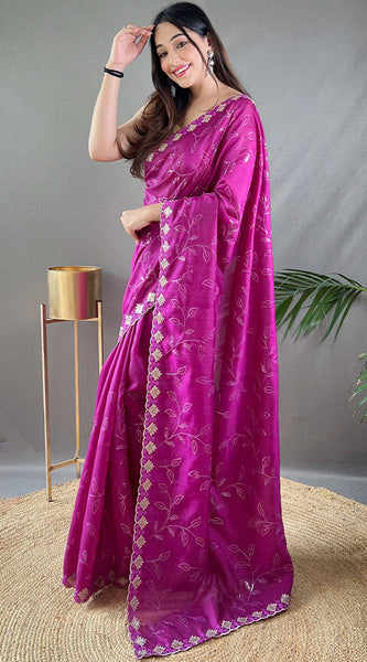 Sensational Purple Embroidery Work Soft Silk Saree With Elegant Blouse Piece
