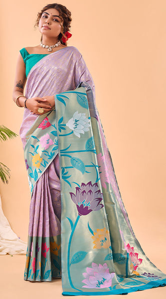 Conflate Lavender Paithani Silk Saree With Lissome Blouse Piece