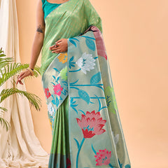 Proficient Parrot Paithani Silk Saree With Opulent Blouse Piece