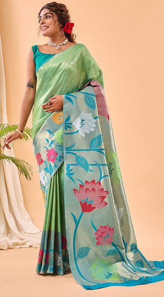 Proficient Parrot Paithani Silk Saree With Opulent Blouse Piece