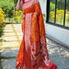 Deserving Orange Paithani Silk Saree With Skinny Blouse Piece