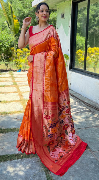 Deserving Orange Paithani Silk Saree With Skinny Blouse Piece