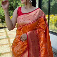 Deserving Orange Paithani Silk Saree With Skinny Blouse Piece