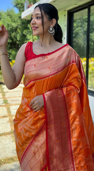 Deserving Orange Paithani Silk Saree With Skinny Blouse Piece