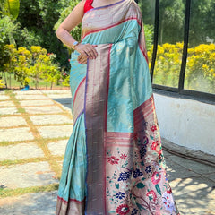 Demanding Sky Paithani Silk Saree With Outstanding Blouse Piece