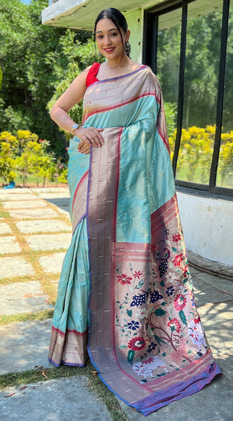 Demanding Sky Paithani Silk Saree With Outstanding Blouse Piece