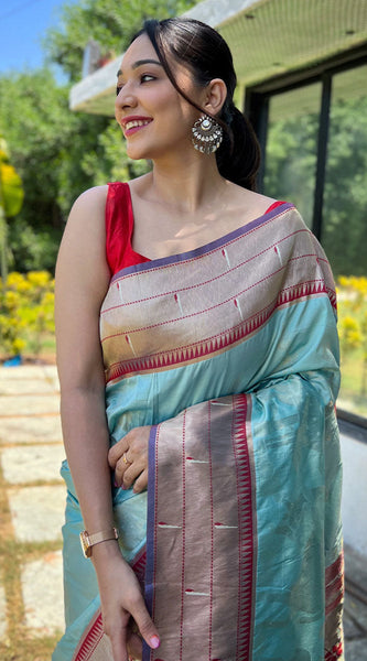Demanding Sky Paithani Silk Saree With Outstanding Blouse Piece