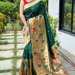 Gratifying Dark Green Paithani Silk Saree With Charming Blouse Piece