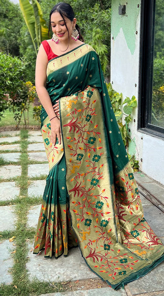 Gratifying Dark Green Paithani Silk Saree With Charming Blouse Piece