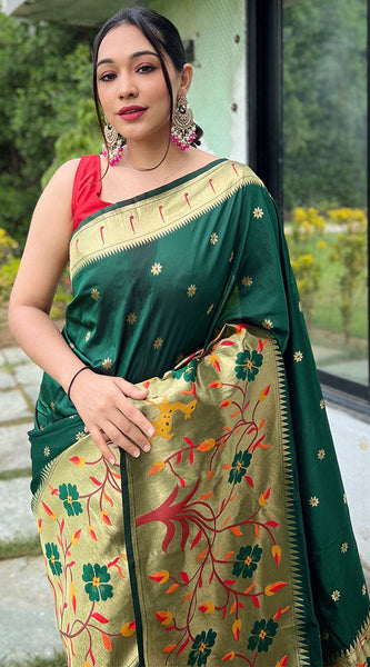 Gratifying Dark Green Paithani Silk Saree With Charming Blouse Piece