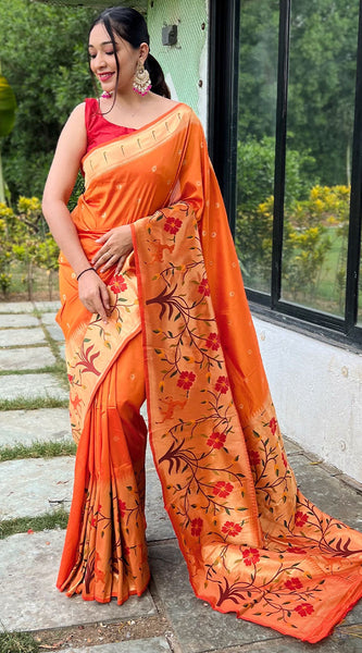 Gossamer Orange Paithani Silk Saree With Ratatouille Blouse Piece