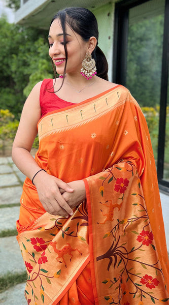 Gossamer Orange Paithani Silk Saree With Ratatouille Blouse Piece