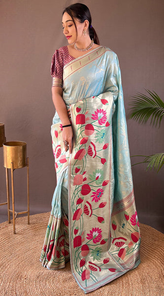 Glorious Sky Paithani Silk Saree With Fairytale Blouse Piece