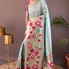 Glorious Sky Paithani Silk Saree With Fairytale Blouse Piece