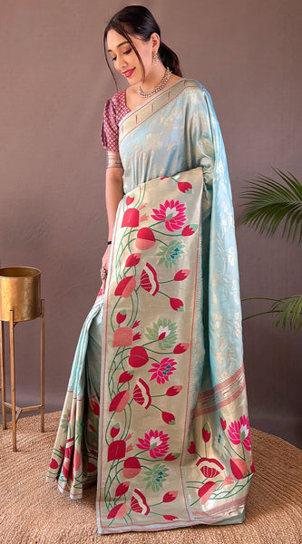 Glorious Sky Paithani Silk Saree With Fairytale Blouse Piece