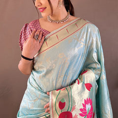 Glorious Sky Paithani Silk Saree With Fairytale Blouse Piece