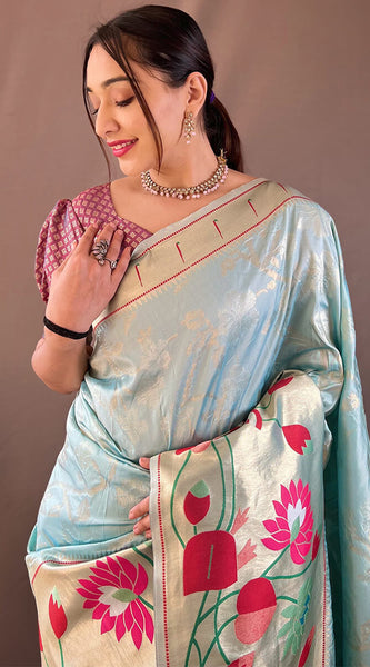 Glorious Sky Paithani Silk Saree With Fairytale Blouse Piece